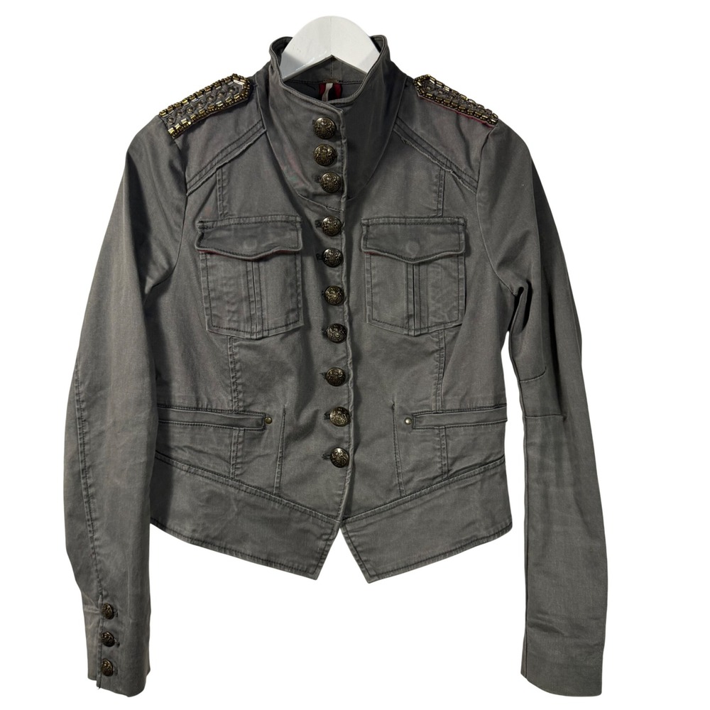 Free People Gray Military Band Jacket Beaded Epaulets Brass Crest Buttons Small